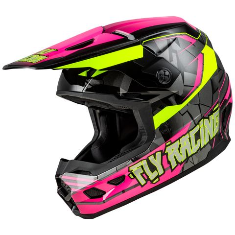 Fly Racing 2025 Youth Kinetic Scorched Helmet Neon Pink Hi-Viz Black